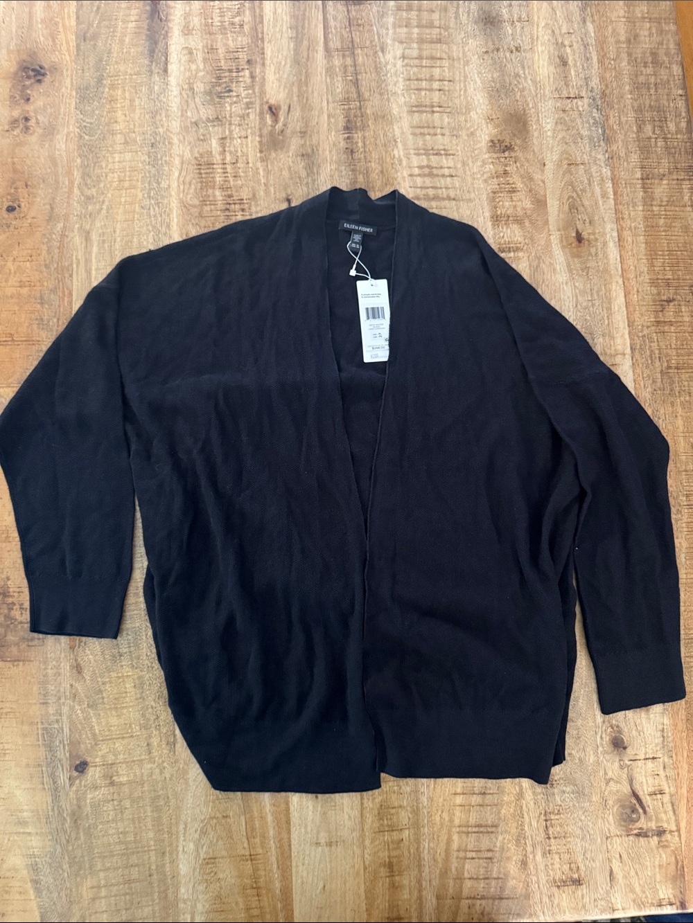 Eileen Fisher Organic Linen Cotton Women's Open Black Long Cardigan Sweater NEW